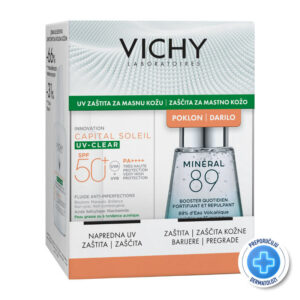 VICHY CAPITAL SOLEIL UV-CLEAR Fluid za zaštitu od sunca protiv nepravilnosti SPF50+, 40 ml + MINÉRAL 89 BOOSTER Dnevni booster za snažniju i puniju kožu, 30 ml