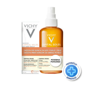 VICHY CAPITAL SOLEIL UV-AGE DAILY vodeni fluid SPF50+, 40ml + Vodica za naglašen ten za lice i tijelo SPF30, 200ml AKCIJA