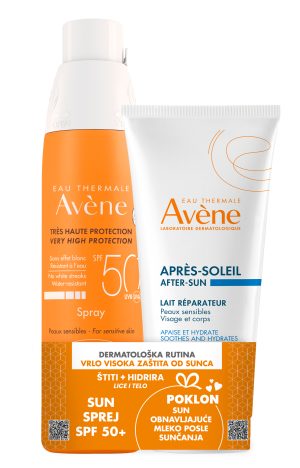 Avene Sun sprej Spf50+ 200ml + Avene obnavljajuce mleko posle sunčanja 200ml POKLON
